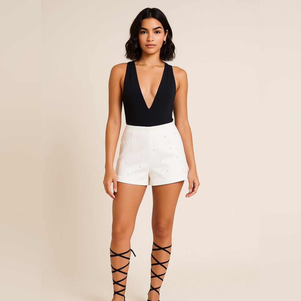 Steps New York pearl-embellished dress shorts in crisp white with faux pearl